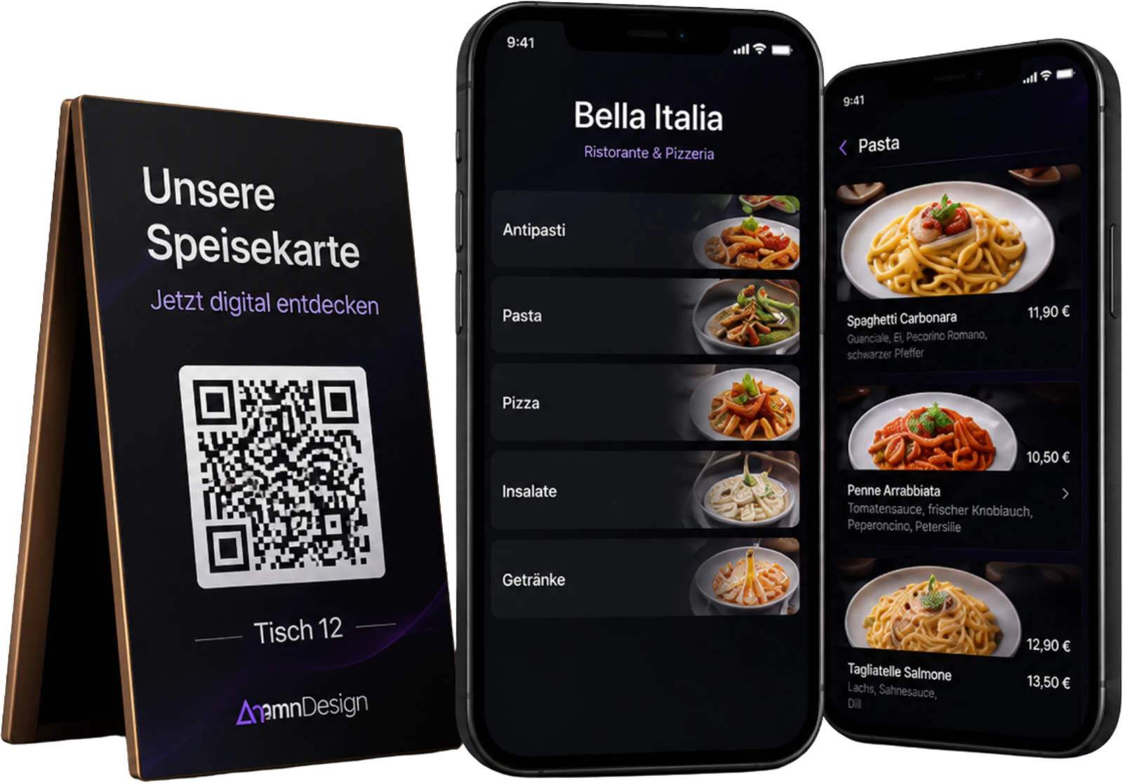 Digitale Speisekarte auf zwei Smartphones neben einem QR-Code-Aufsteller